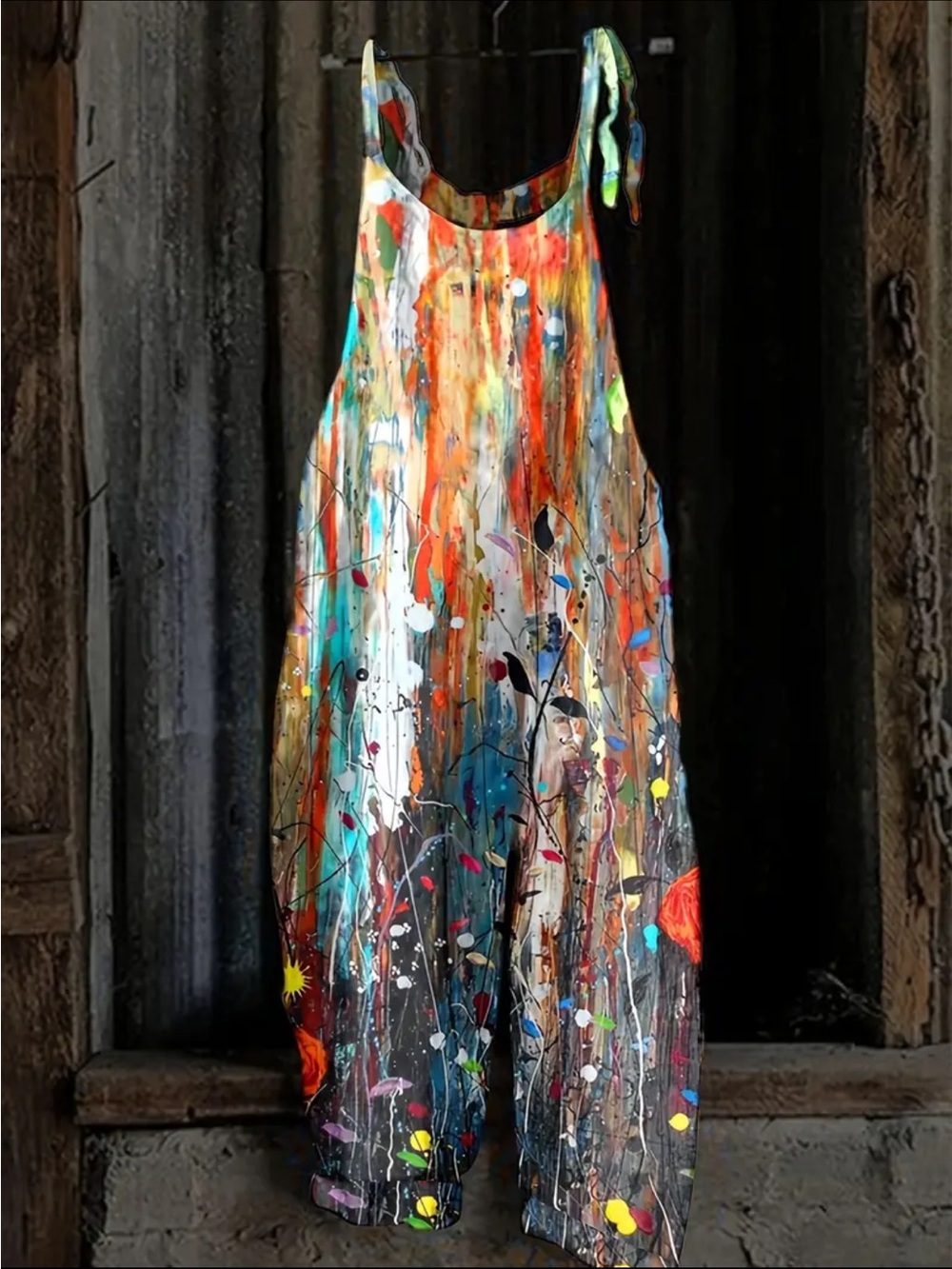 NWT Colorful Abstract Paint Splatter Jumpsuit with shoulder tie, Size 2XL